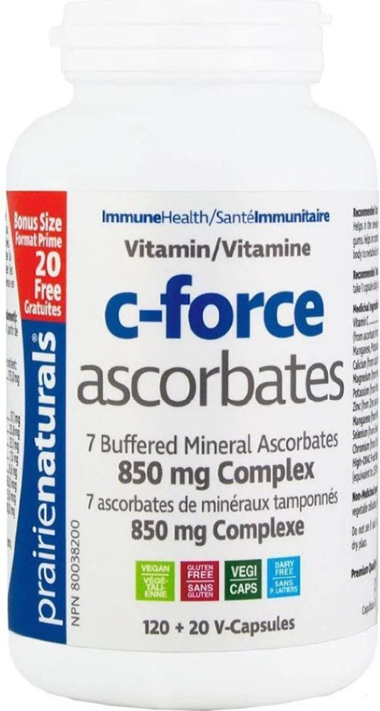 Prairie Naturals Vitamin C Force 9 Ascorbates product bottle featuring the title 'C Force' and highlighting its benefits as a buffered mineral ascorbate complex. The label indicates it contains 850 mg complex with 120 capsules. Perfect for boosting immune health and providing antioxidant protection.