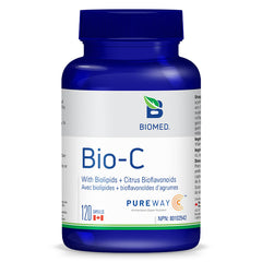 Biomed Bio-C Vitamin C Capsules in a blue bottle, featuring 'Bio-C' on the label, highlighting its biolipids and citrus bioflavonoids ingredients, designed for high absorption of Vitamin C.