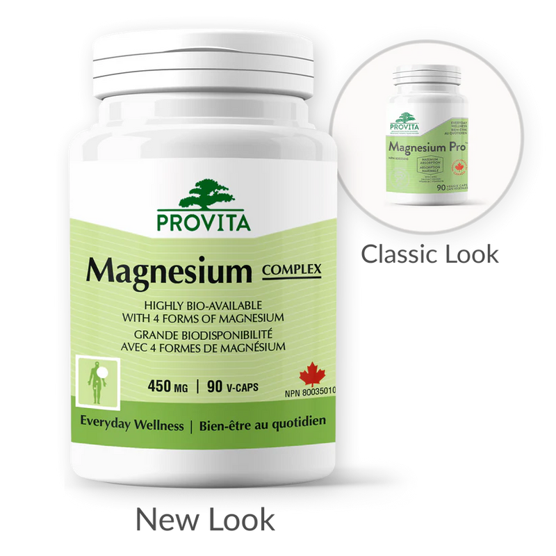 Provita Magnesium Complex bottle showcasing the label with details about its benefits, including high bio-availability and four forms of magnesium.