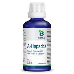 Biomed A-Hepatica Liver Detox bottle displaying its label. This product is a bitter and digestive aid, offering benefits for liver detoxification. The bottle is dark blue and contains 50 ml of the herbal combination designed to support liver health.