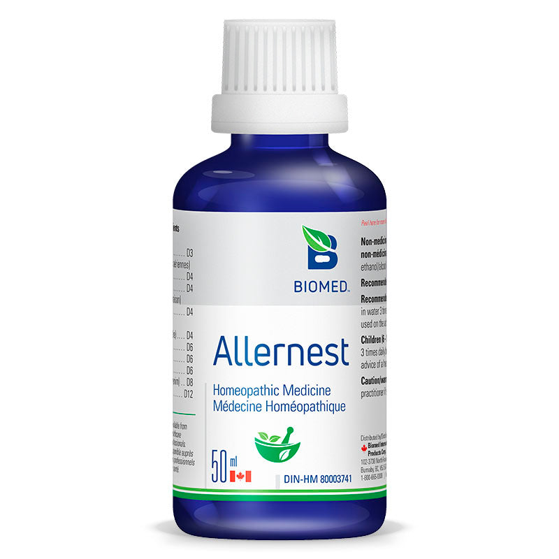 Biomed Allernest allergy relief product in a blue bottle. The label features details about the homeopathic medicine, including usage instructions and medicinal ingredients. Perfect for addressing allergies and associated symptoms.