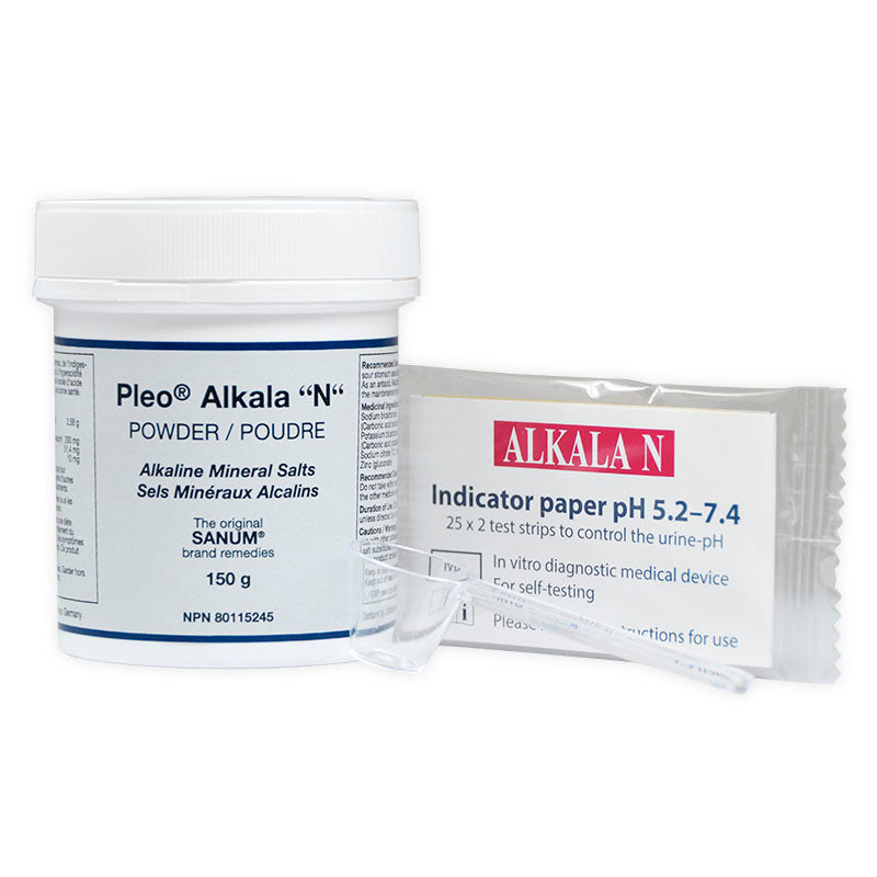 Biomed Pleo-ALKALA 'N' powder 150g for Acid Balance, featuring alkaline mineral salts and pH indicator strips for self-testing, ideal for correcting acid-base balance.