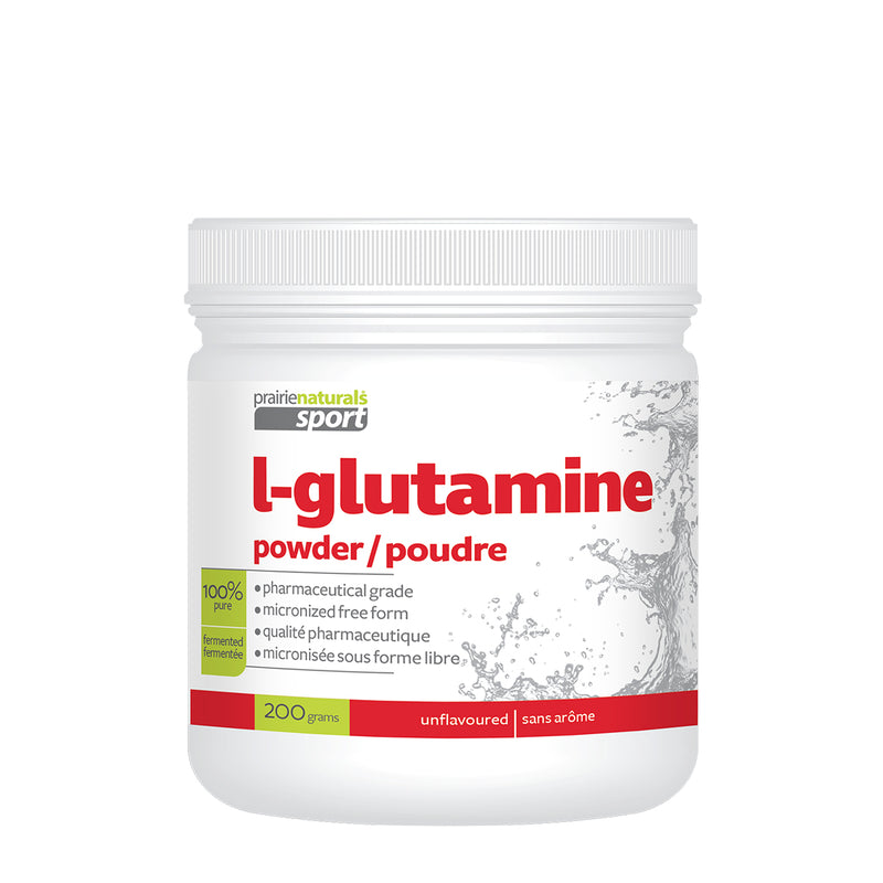 a bottle of l - glutamine powder on a white background