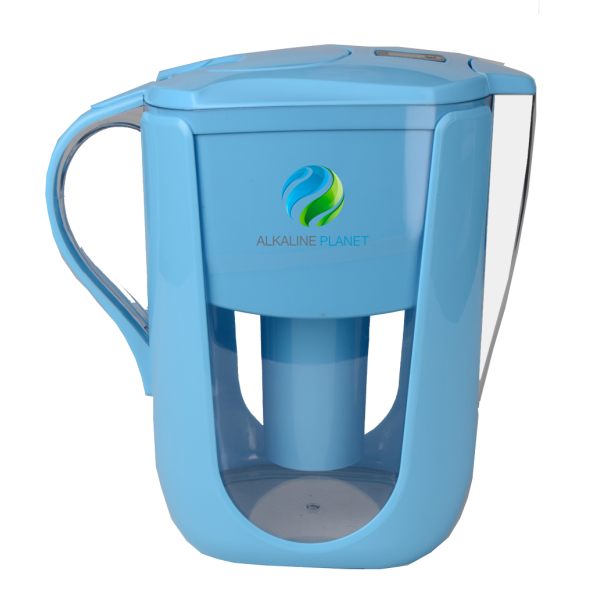 a blue water pitcher with a logo on it