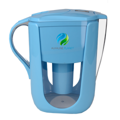 a blue water pitcher with a logo on it