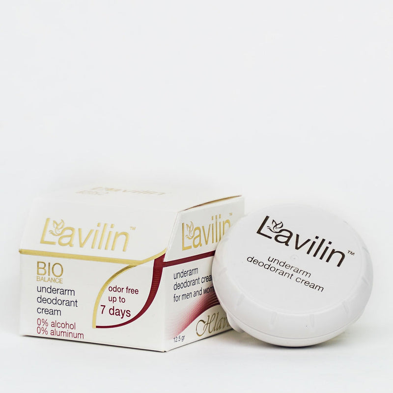 a white container of leavellin next to a box of deodorant